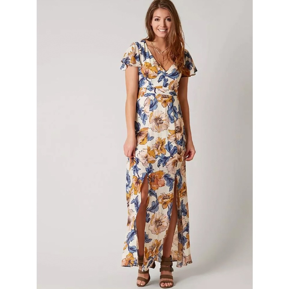 Daytrip Women XS Maxi Dress Floral Cutout Back Flutter Sleeve V-Neck Summer